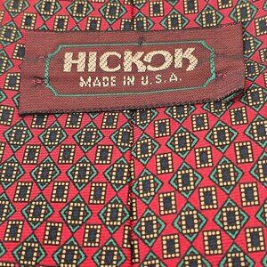 Hickok Vintage Silk Tie Green Blue Geometric Pattern on Red 3.5"W x 56 USA Made